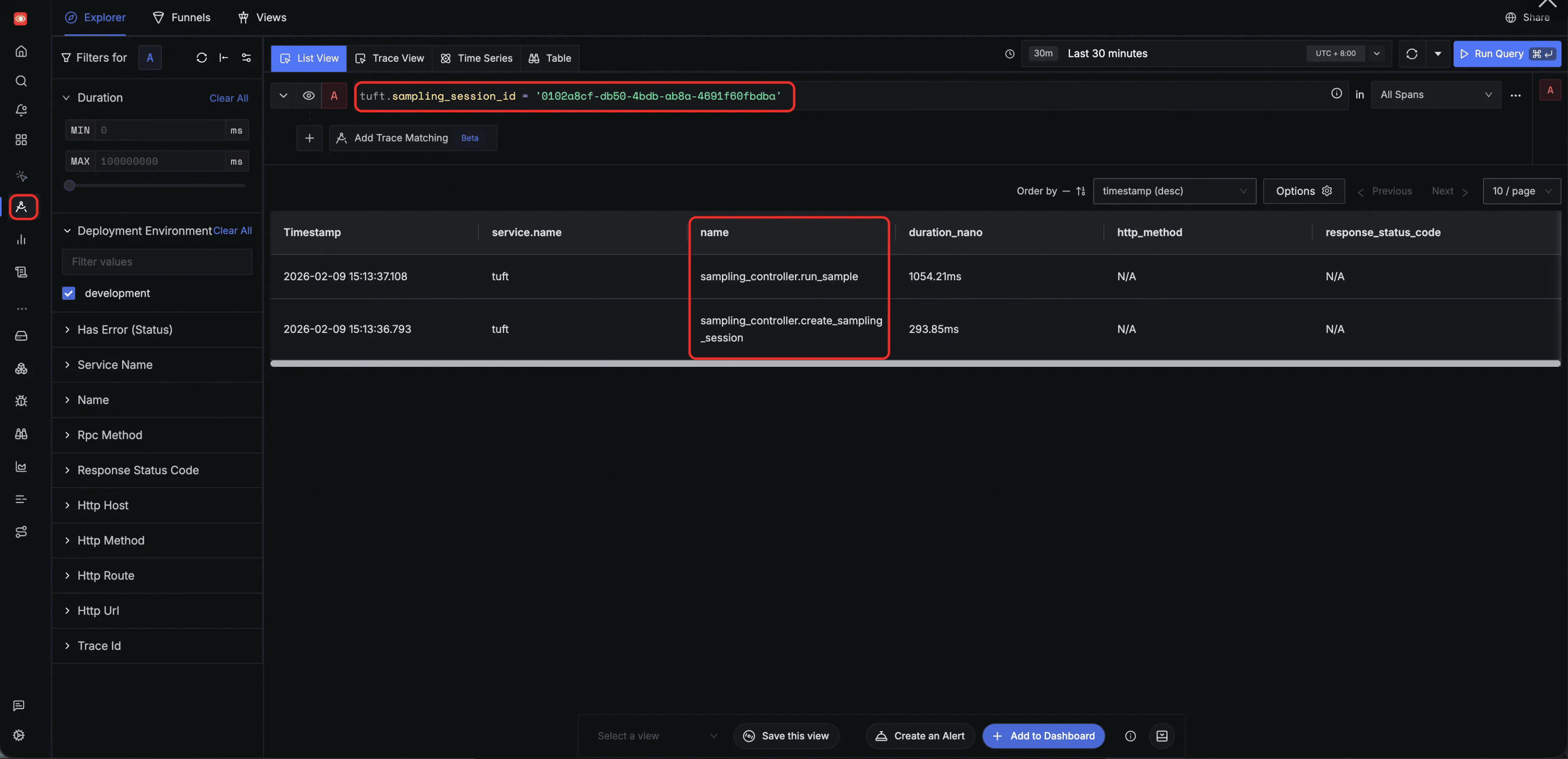Traces filtered by sampling session ID