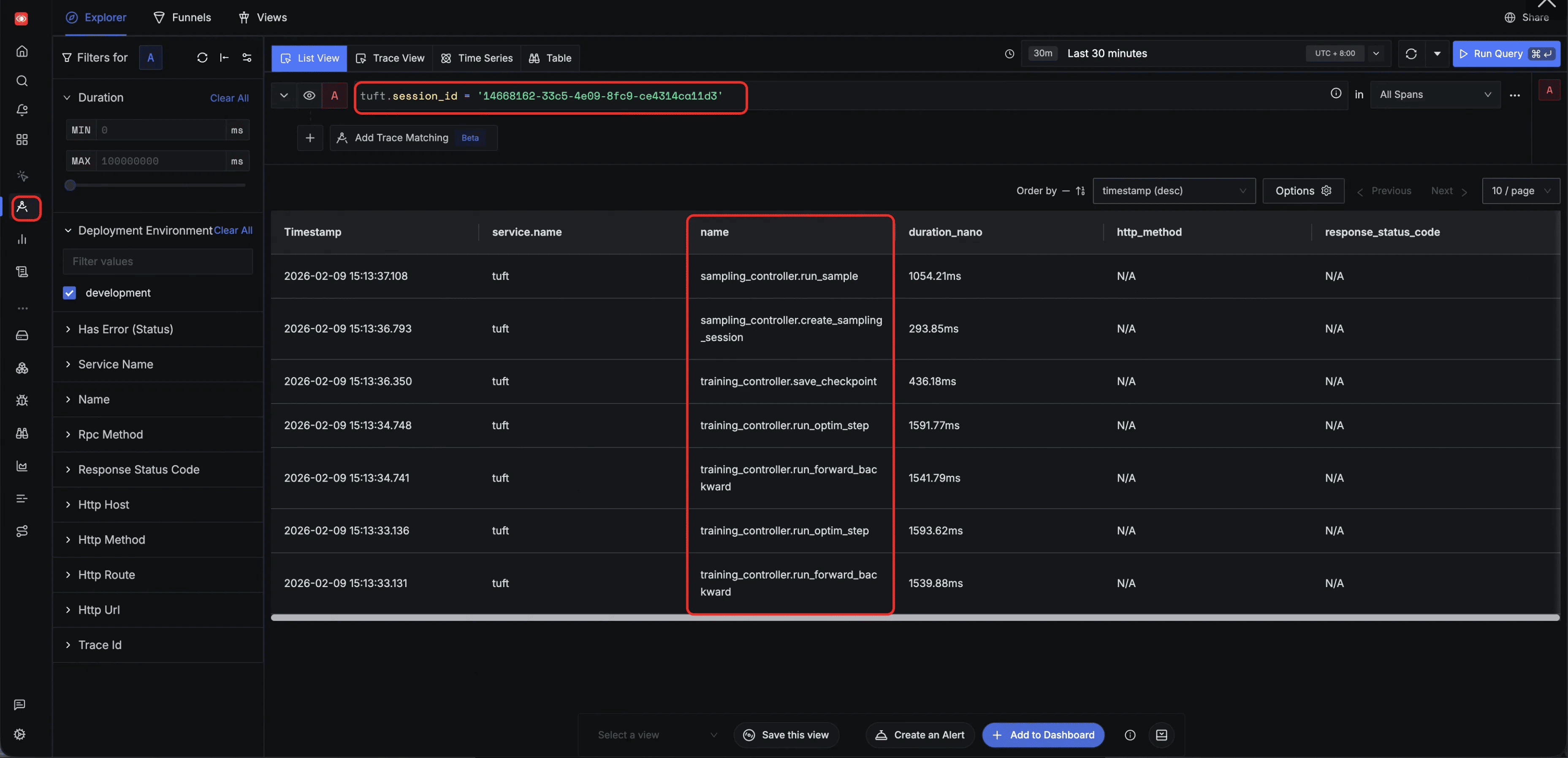 Traces filtered by session ID